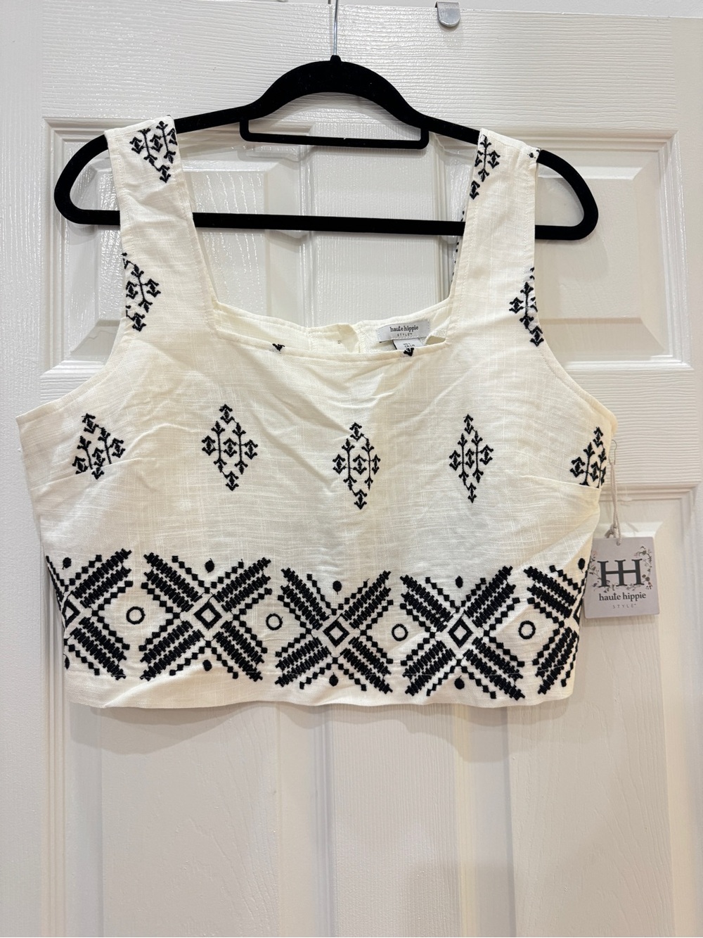 Haute Hippie White Crop Top with Black Geometric Embroidery